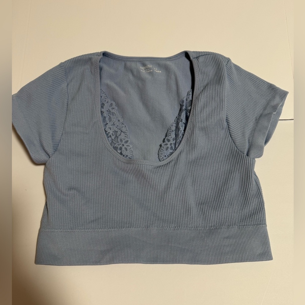 Superchill by Aerie Light Blue Ribbed Crop Top with Lace Accents Size Small
